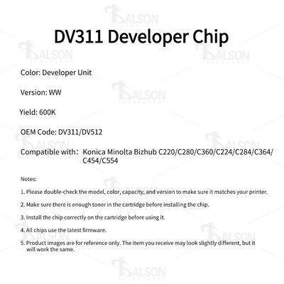DV311 Developer Unit Chip Printer Toner Chip For Bizhub C220 C224 C364 Drum Cartridge DV512