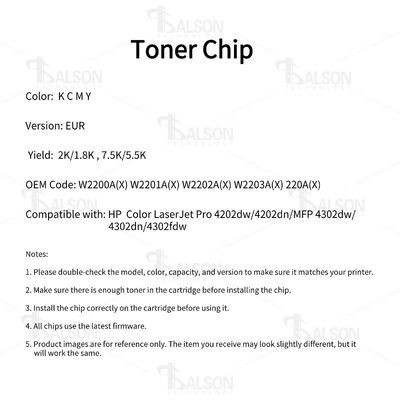 W2200A Toner Chip EUR Version For HP Color LaserJet Pro 4202dw 4302dw 2K/1.8K Yield