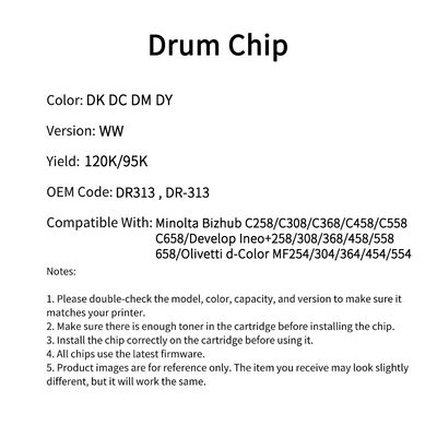 DR-313 Drum Chip for Konica Minolta Bizhub C258 C308 C368 C458 C558 C658 with 120K and 95K Yield Universal CMY Color