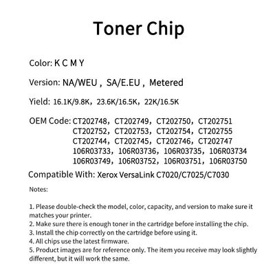 Compatible Toner Cartridge Chip for Xerox VersaLink C7020 C7025 C7030 with 16.1K/9.8K Yield and Multiple Regional Versions