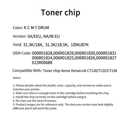 Compatible Toner Chip For 006R01828 Xerox VersaLink C7120 C7125  C7130 006R01824 Drum Unit Chip 013R00688