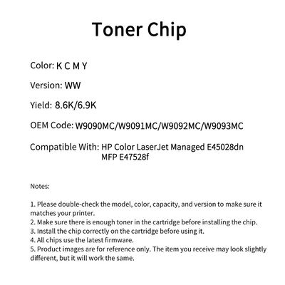 W9090MC W9091MC W9092MC W9093MC Compatible Toner Chip For Managed E45028dn/ MFP E47528f