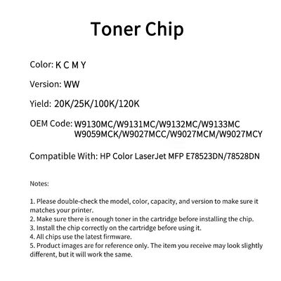 W9130MC W9131MC W9132MC W9133MC Compatible Toner Chip For MFP E78523DN E78528DN