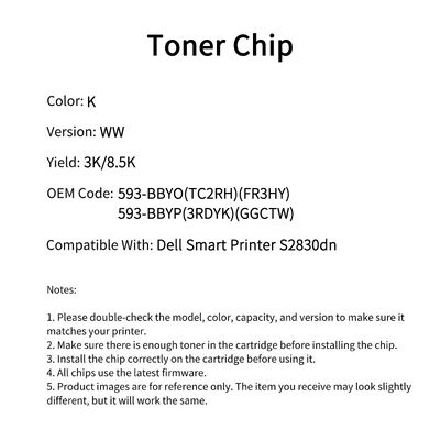 Compatible 593 BBYO Toner Chip For Del Smart Printer S2830dn