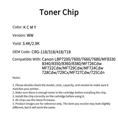 Compatible CRG 118 318 418 718 Toner Chip For Canon LBP7200