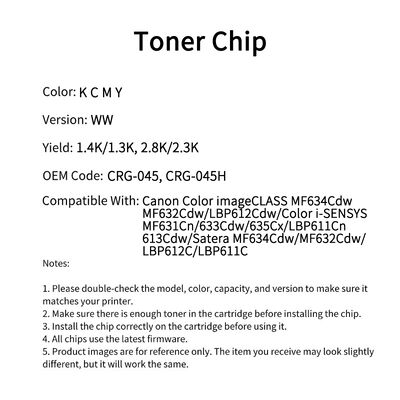 Compatible CRG 045 Toner Chip  For Canon Color imageCLASS MF634Cdw MF632Cdw