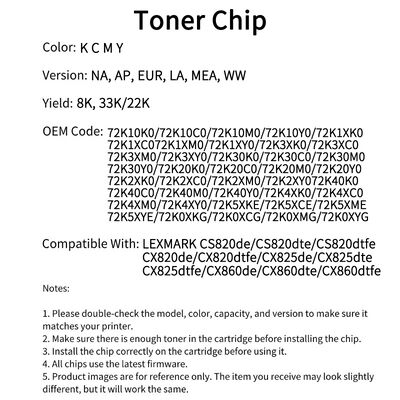 Compatible 72K10K0 Toner Chip For LEXMARK CS820dte CS820dtfe CX860de CS820de