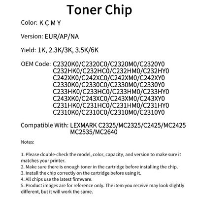Compatible C2320K0 Toner Chip For LEXMARK C2325 MC2325 C2425 MC2425 MC2535