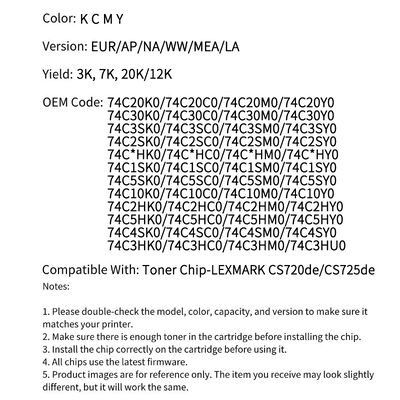 Compatible 74C20K0 Toner Chip For Lexmark CS720de CS725de CX725de